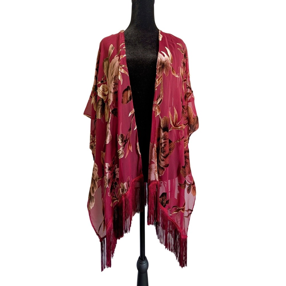 Vintage Y2K Fuchsia Floral Whimsigoth Boho Chic Velvet Devorée Fringe Kimono